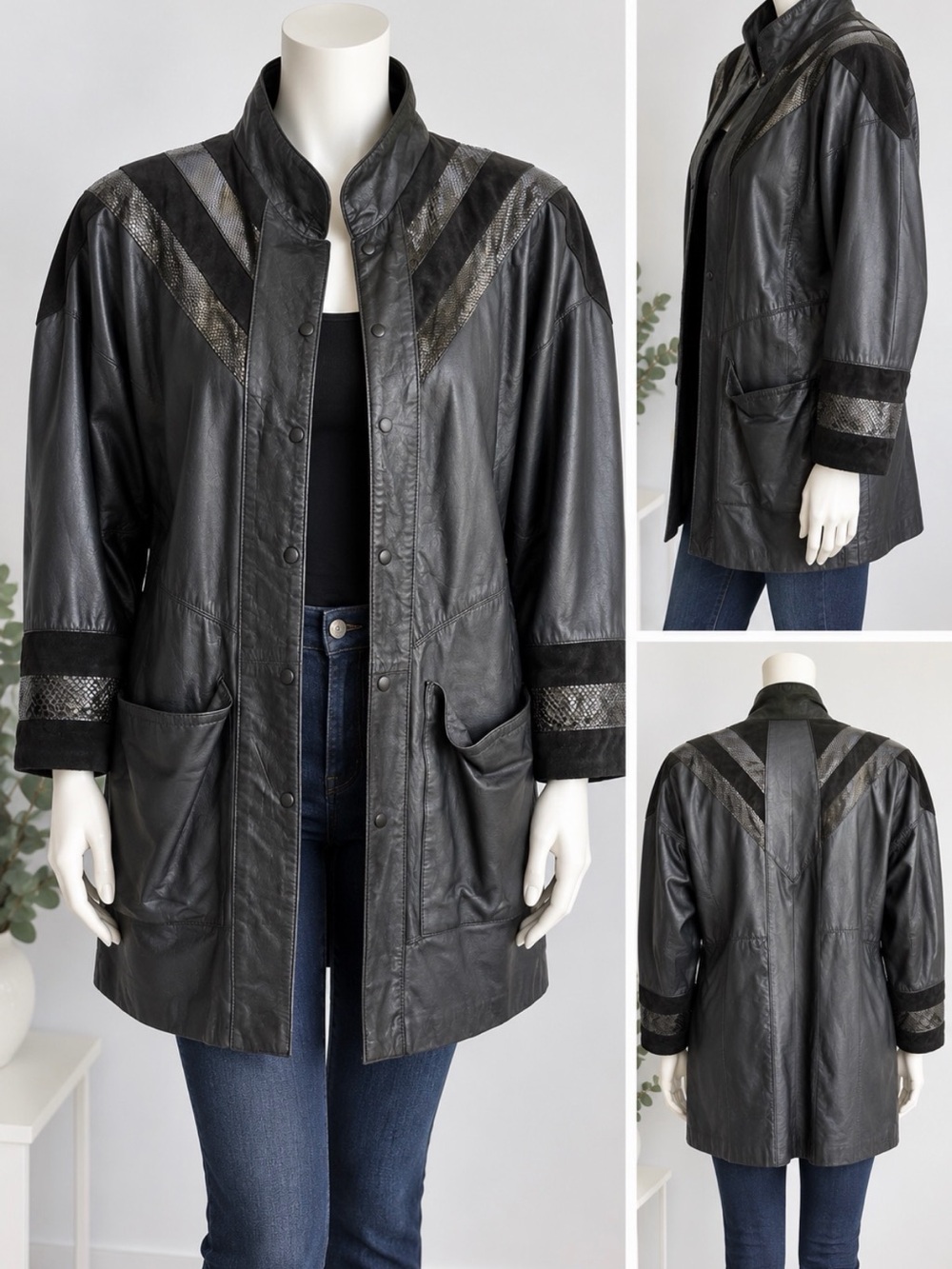 Nina di Paolo Black Leather Coat Snakeskin Detail Designer Statement Jacket